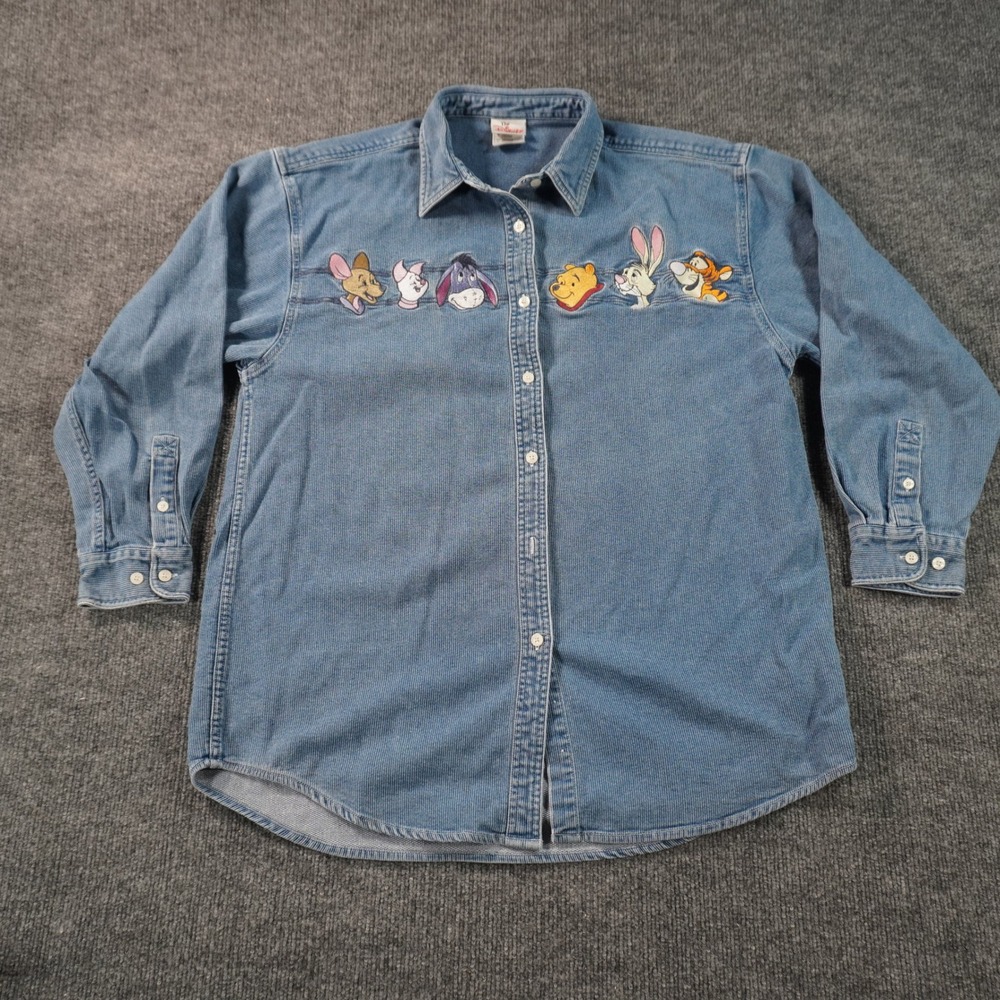 The Disney Store Button Down Women L Blue Corduroy Winnie The Pooh Embroidered